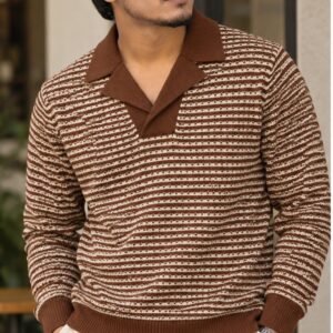 Striped Knit Polo | Brown