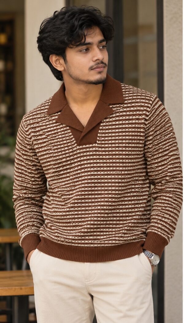 Striped Knit Polo | Brown