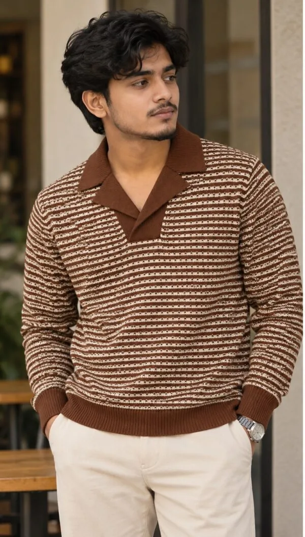 Striped Knit Polo | Brown